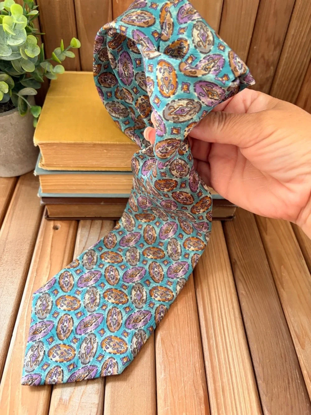 Givenchy Vintage Silk, Tie Teal Purple Geometric, Designer Menswear